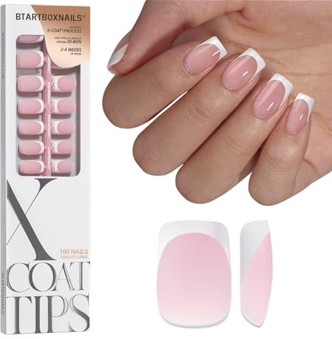 BTArtbox XCOATTIPS White French Tip Press On Nails, S Square, Pink | Lampenhärtend, 4 Wochen Haltbarkeit, Nageldesign in Salonqualität, Einfach Anzubringen für Anfänger, Nur 160pcs Nagelspitzen
