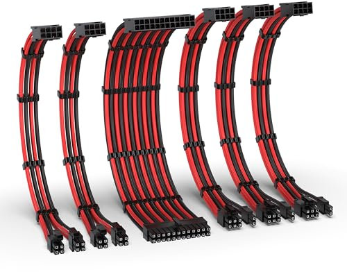 EZDIY-FAB PSU Cable Extension Kit,16AWG Power Supply Extension Cable,1x24Pin/2x4+4 EPS/3x6+2 PCI-E,Custom PC Sleeve Cable 300MM with Combs-Black Red
