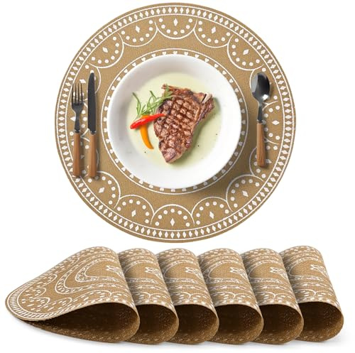 Fsvaer Tischsets Platzsets Rund, Platzdeckchen Abwaschbar 6er Set,Wärmeisolierende, Schmutzabweisende und rutschfeste Tischsets - Weihnachtliche Tischset Lederoptik für Küchentische Hotel