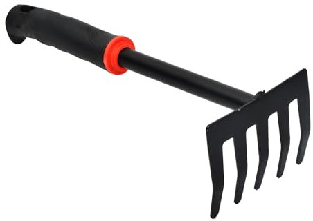 Rastrello da giardino in acciaio con 5 denti - Piccolo rastrello per giardino, balcone e orto - Manico ergonomico per la cura del giardino - Larghezza di lavoro 9 cm