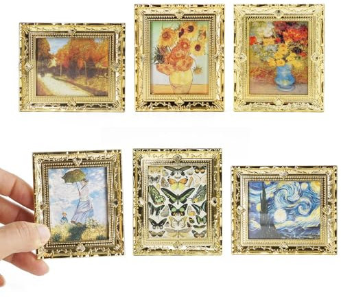 Odoria Puppenhaus Bilderrahmen Vintage Miniatur: 1/12 Maßstab Gemälde Antik Goldene - Mini Wand Bilder mit Rahmen für Wohnzimmer Van Gogh Monet 6 Stücke