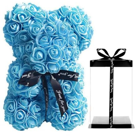 Générique Orso di rosa, rosa fiore, orsacchiotto, romantici rosa orsetto con scatola regalo trasparente per San Valentino, compleanno, festa della mamma, compleanni, fidanzata (I blu)