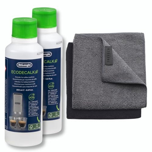 Delonghi Ecodecalk Bottle 200ml Pack of 2 & Twin Microfibre Cloths Trevuza Bundle - Coffee Descaler & Cleaning Cloths Set | Includes Delonghi Descaler & Microfibre Cloths for Espresso Machine Care