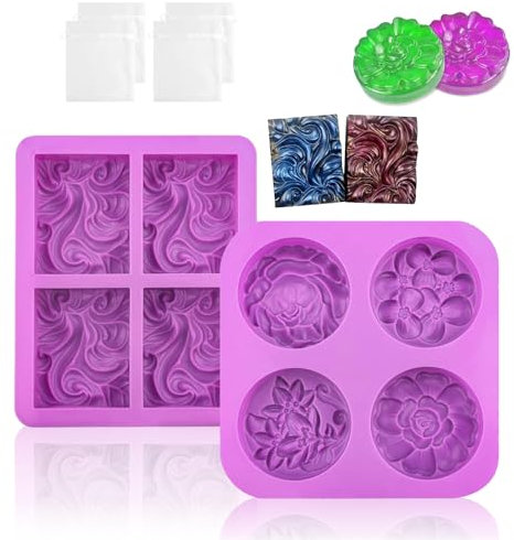 2 Stück 4 Hohlraum Seifenformen Silikon, Silikonform Seife, mit 4 Schäumendes Netz, Silikonformen Wiederverwendbar, Rechteckige Runde Backformen, Seife Selber Machen, für Seife, Kerzen