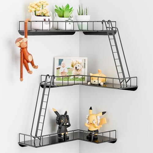 WOPITMER Fire Escape Wall Shelf - Modern City Style 3-Tier Corner Wall Shelves, Easy to Install Metal Ladder Shelf for Figures, New York Decorative Shelves for Bathroom, Living Room & Home Decor,Black