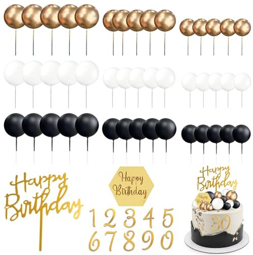 Décoration Gateau Anniversaire, 48 Pièces Cake Topper, Boule Decoration Gâteau Noir Blanc Or, Décoration de Gâteau Numérotés 0-9 pour Soirées à Thème, Mariages, Anniversaires