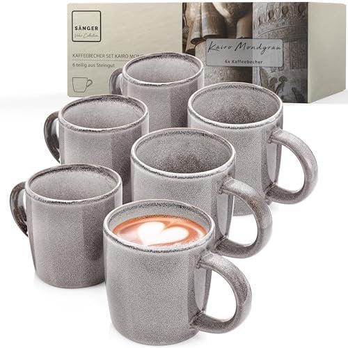 Sänger Kairo Mondgrau | Kaffeebecher 6 teilig, Steingut Tassen Set für 6 Personen, Tassen, spülmaschinen- mikrowellenfest, Coffee Mug Teetasse, Kaffeetassen Dunkelgrau 400 ml | VALUE COLLECTION