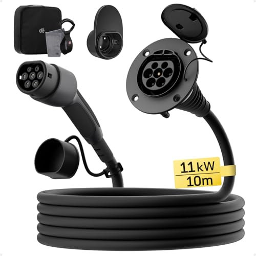 dé Typ 2 Verlängerungskabel [10m, 11kW, 16A] 3-Phasen Ladekabel 400V, Schutzart IP54, kompatibel mit Allen IEC62196-2 BEV und HPEV, mit Tragetasche