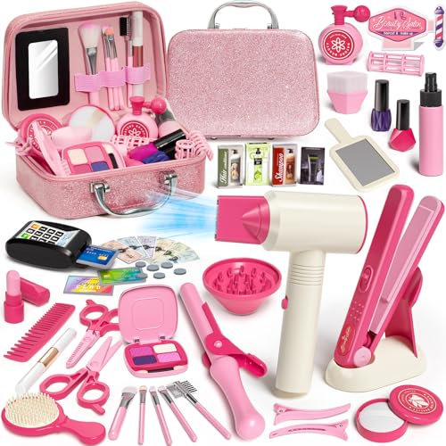 Tacobear Friseur Set Kinder Schminkkoffer Mädchen Friseurkoffer Haarstyling Zubehör Gefälschte Kosmetik Kaufmannsladen Rollenspiel Pretend Play Makeup Spielzeug Geschenke Mädchen ab 3 4 5 6 7 8 Jahre