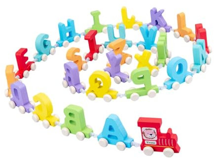 LeeQinersw Holzeisenbahn-Set, Zugautos, Cartoon-Lernspielzeug, buntes Stapel-Alphabet ABC, für Kinder, Mädchen, Jungen, Kinder
