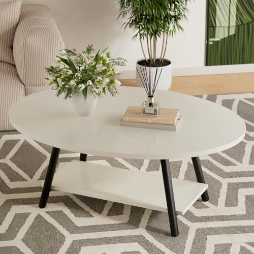 Hawthyhome Round Side Table 2-Tier Coffee Table with Storage Modern Solid Wood Table Metal Frame for Living Room Bedroom Lvory White