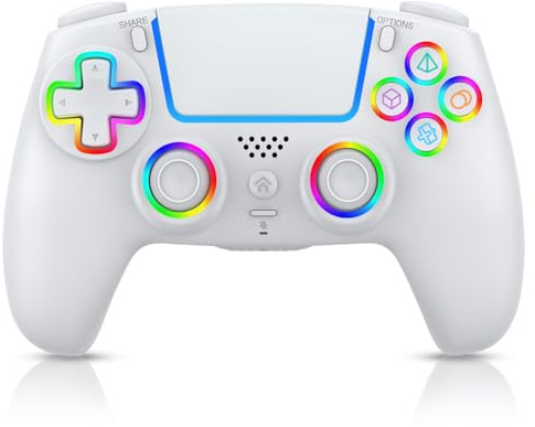 SWCTIM PS5 Controller Wireless,Kompatibel mit PS5 Pro/Slim/PC,Weiß | Wireless Controller mit 7 RGB LED Licht,Doppelter Vibration,Makro/Turbo Funktion,6-Achsen Gyro Sensor,3.5mm Kopfhörerbuchse