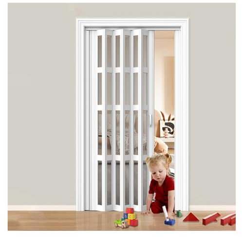 Generico Porta Scorrevole Porte Pieghevoli A Soffietto in PVC per Interni, Porte Pieghevoli con Finestre in Acrilico per Soggiorno/Cantina/Ufficio/Doccia, Porta Temporanea Senza Binario(80X200CM)