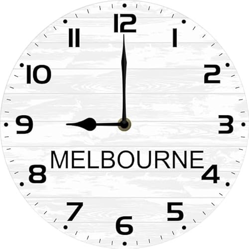 Geroclonup Melbourne TIME Wall Clock World Time Zone Clock Office Business 25x25 CM Silent Wood Clocks for Living Room, Home, Bathroom, Kitchen Battery Operated Non Ticking Easy to Read