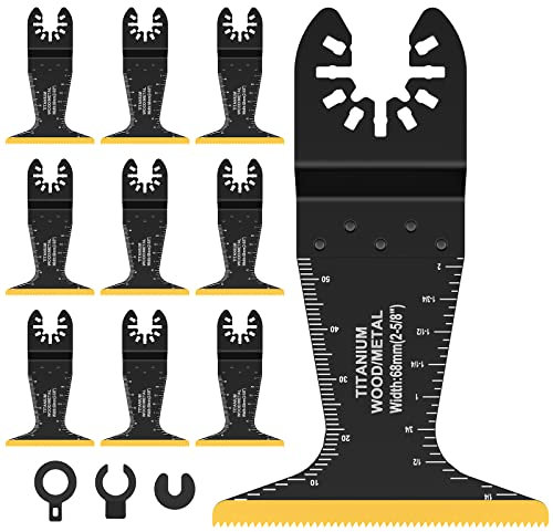 10pcs Multitool Sägeblätter Bimetall 68mm Zahnbreite Multitool Zubehör mit 3 Distanzadapter Robust Rostfrei Oszillierende Sägeblätter für Metall Holz Schrauben Nägel
