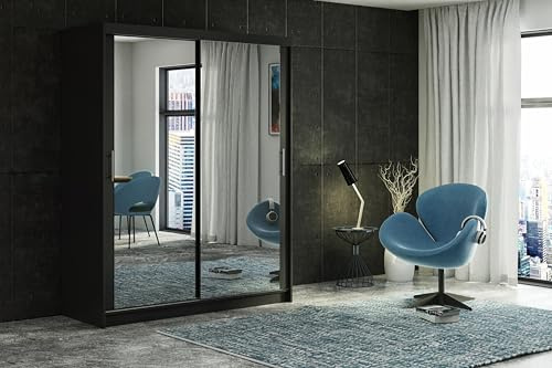 Modern Sliding Double Door Wardrobe with Full Size Mirror, 2/3 Doors, up to 8 Drawers and 4 Hanging Rails Colours: WHITE/BLACK/OAK/GREY Width: 100cm/120cm/150cm/180cm/200cm (Black, 120cm 4 Drawers)