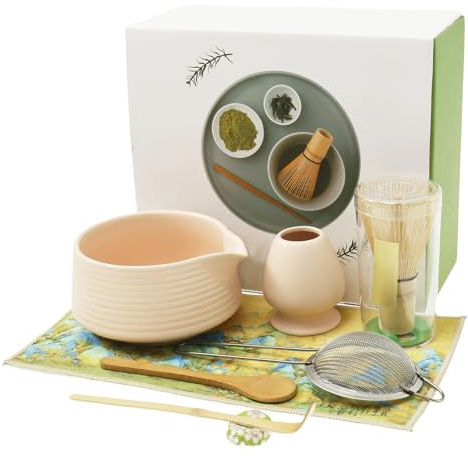 harupink Lot de 8 kits de démarrage pour matcha - Rose - Pour balai à matcha, bol, cuillère, école, passoire, support et accessoires pour le service à thé matcha traditionnel pour les amis et la