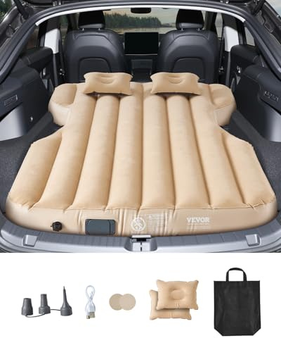 VEVOR Auto Luftmatratze passend für Tesla Model Y (2020–2024), aufblasbare Campingmatratze, beflockte & verdickte Reisebetten, tragbare Isomatte mit eingebauter Pumpe & 2 Kissen, Beige