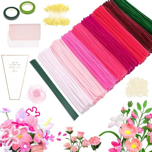 Pfeifenreiniger Blumen Set 500 Stück, 8-farbig, DIY (Rosa/Grün) | Mit grünen Stöcken, Bastelfaden, Schleifenband, Staubblättern, Klebeband & Klebestiften – für Sträuße & Deko