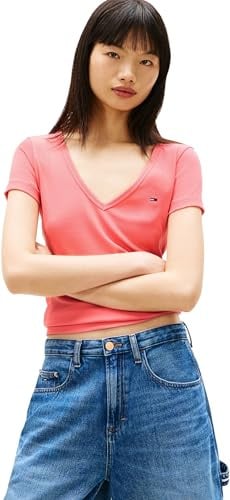 Tommy Jeans Damen T-Shirt Kurzarm Slim Essential Rib V-Ausschnitt