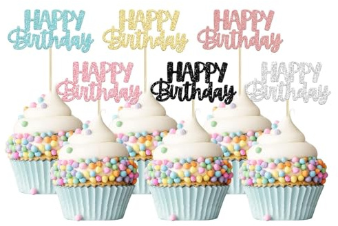 HSC Happy Birthday Topper Happy 12Pcs Happy Birthday Cupcake Toppers with Glitter Surface, 6 Colour Paper Food Picks for Birthday Party Cake Decorations