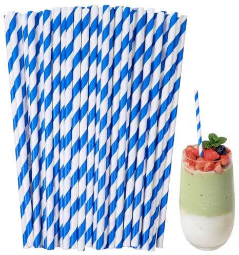 YUZNA 100 Pailles en Papier Bleu Blanc Rayé Décoration de Fête Oktoberfest Accessoires pour Anniversaire