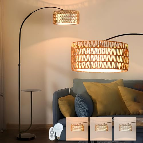 DTSDWA Stehlampe Wohnzimmer E27 Dimmbar Stehleuchte mit Verstellbarem Lampenschirm aus Rattan Boho Stehlampe mit Fernbedienung und Ablage Bogenlampe Höhenverstellbar Leselampe für Schlafzimmer Büro