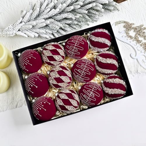 Weihnachtsbaumschmuck, Set mit 12 8 cm Weihnachtskugeln mit Glitzer für Weihnachtsbaum- und Veranstaltungsdekoration (XM0167S, Weinrot)