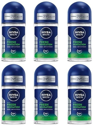 6x NIVEA MEN Fresh Sensation Deo Roll-On Antitranspirant für 72h Schutz gegen Schweiß und Geruch Deodorant mit antibakterieller Wirkung und verführerischem Duft,ohne Ethylalkohol,50ml (6er Pack)