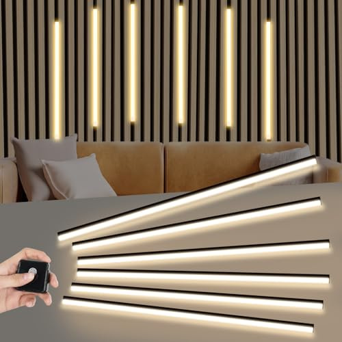 EUNEWR LED Strip for Acoustic Wall Panels, 6 x 100 CM Acoustic LED Wall Panels Lights, Black Under Cabinet Strip Lights Kit with Touch Switch, Cuttable, Dimmable, Warm White