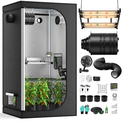 Yigowyigo Growzelt Komplettset mit Y2500 LED Vollspektrum Grow Lampe, 200x100x100cm 4 215 CFM 3000RPM Ruhiges mit Aktivkohlefilter Belüftungssystem Temperatur Controller Hydroponics Grow Zelt Set