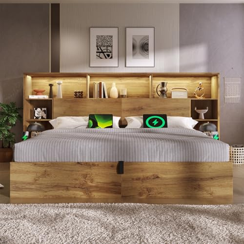 Lit système 160 x 200 cm, lit double en bois, avec tables de chevet intégrées, aspect chêne, coffre de rangement avec hydraulique, sommier à lattes et étagère pour tête de lit, LED USB-C, (sans