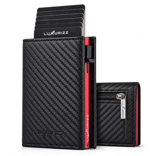 Luxurizz Smart Wallet mit RFID Schutz - Aluminium Slim Wallet Kartenetui Carbon-Rot für 12 Karten - minimalistisches Portemonnaie mit Münzfach & Carbon Optik - dünne Geldbörse für Herren & Damen