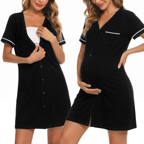 Uniexcosm Chemise de Nuit Allaitement Boutonnée | 95 % coton, col V boutonné, poche poitrine, coupe ample pour grossesse, allaitement et détente