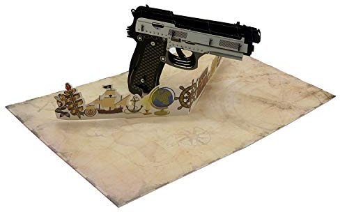 Smiling Art Pop Up 3D Karten, Glückwunschkarten inklusive Umschlag und Schutzhülle, handgearbeitet, handgefertigt, Geschenkkarte für Gutschein, Einladungskarte, Geburtstagkarte… (Pistole)