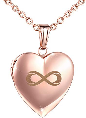 INFINIONLY Damen Foto Medaillon Halskette Ketten, Frauen Edelstahl Herz Foto Anhänger, Unendlichkeits symbol graviert, Silber/Rosegold/Gold