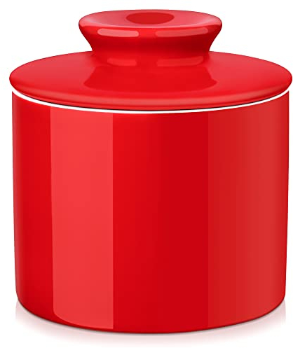 LOVECASA, Butter Dish with Cooling, Cheese Bells, Porcelain Butter Pot, Cheese Butter Canister Without Refrigerator (Red)