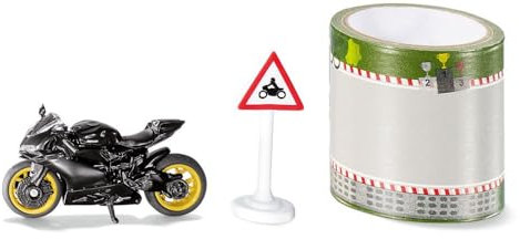 siku 1601, Moto Ducati Panigale 1299 con nastro adesivo e cartello stradale, Nero, Metallo e Plastica, Ruote in gomma