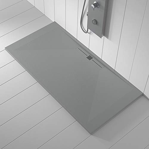 Plato de ducha gris claro de mármol, desagüe lateral, superficie de efecto piedra pizarra, serie Nizza, Slim 3 cm, revestimiento de Gelcoat, antideslizante, Gris claro