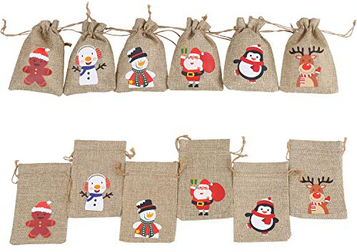 DERAYEE 12 Stücke Weihnachten Jutesäckchen,Stoffsäckchen Adventskalender,Jutesäckchen zum Verschenken