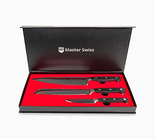 Master Swiss Il Set di Coltelli da 3 pezzi Chef Essential” in Acciaio Inossidabile, Seghettato, Filetto, Multiuso, Posate da Cucina Professionali, Lame Ultra Affilate - 8 e 3,5 pollici