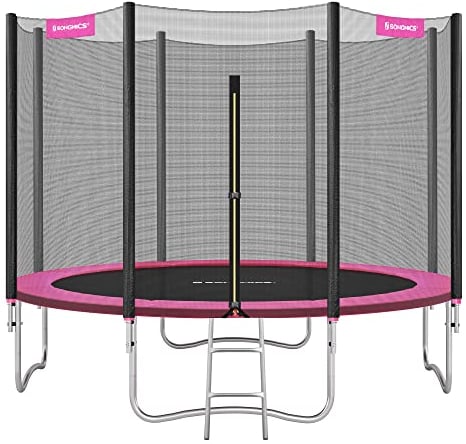 SONGMICS Trampolin Ø 366 cm, Gartentrampolin für Kinder mit Sicherheitsnetz, Randabdeckung, Leiter, 180 cm hohe gerade Stangen, Stahlrahmen, pink STR121P01