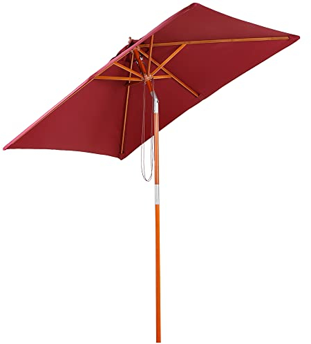 Outsunny 2m x 1.5m Garden Parasol Umbrella with Tilting Sunshade Canopy, Outdoor Market Table Umbrella with Wood and Bamboo Frame, Wine Red