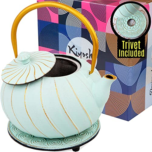 Japanese Cast Iron Teapot with Trivet, Large Capacity 40Oz - 1200ml and Tea Infuser, Cast Iron Tea Kettle Stovetop Safe. Tetsubin Coated with Enamel Interior - Light Green Teapot