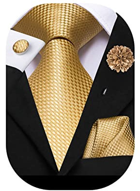 Hi-Tie Seidenkrawatte und Einstecktuch, Manschettenknöpfe, Reversnadel-Set, Jacquard, Hochzeit, Business, Krawatte für formelle Anlässe, gold, M