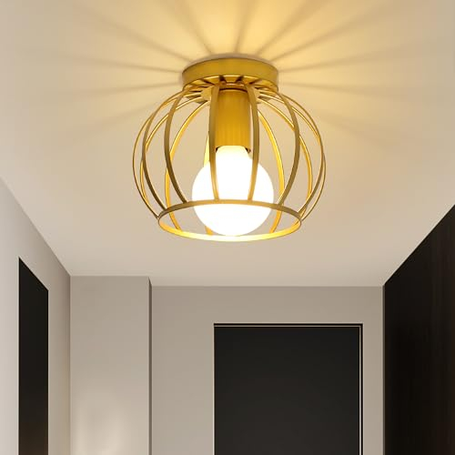 Comely Vintage Deckenleuchte, Industrielle Retro Pendelleuchte, Käfig Pendelleuchte Gold, E27 Hängelampe, Deckenlampe für Büro Küche Schlafzimmer Esszimmer