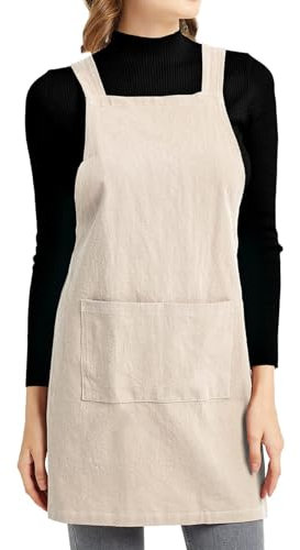 ELEZAY Aprons for Women with Pockets Plus Size Comfort Cross Back No Tie Cotton Linen Apron Pinafore for Cooking Painting Floral Arrangement Gardening Cleaning Medium, Beige