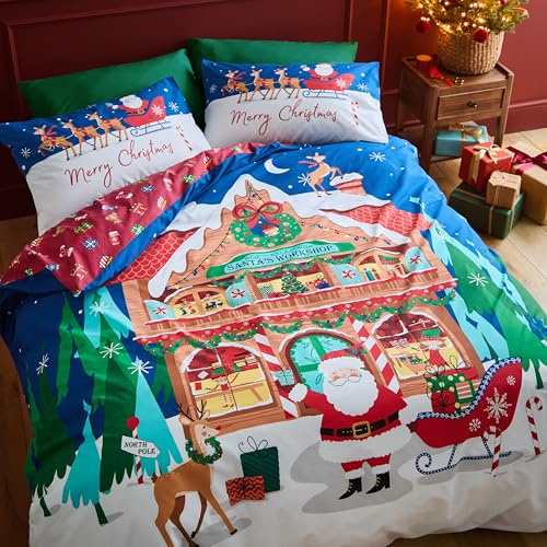 Catherine Lansfield Christmas Santa's Workshop Wende-Bettwäsche-Set für Einzelbett mit Kissenbezug, Marineblau