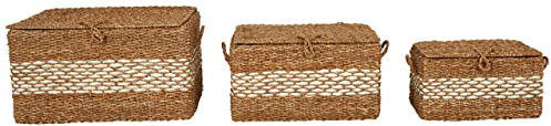 Premier Housewares Set Of Three Seagrass Baskets With Lids/Hamper Baskets for Gifts/Handwoven Picnic Baskets/Renewable Open Lid Picnic Basket/Rustic Charm Wicker Basket W60 x D45 x H33cm.