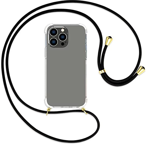 mtb more energy® Handykette kompatibel mit iPhone 14 Pro Max - schwarz/Gold - Smartphone Hülle zum Umhängen - Anti Shock Strong Strong TPU Case